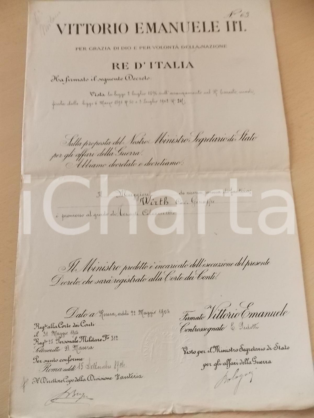 Documento originale, autentico 1904 ROMA Promozione Giuseppe WIRTH a tenente colonnello di fanteria Decreto 1