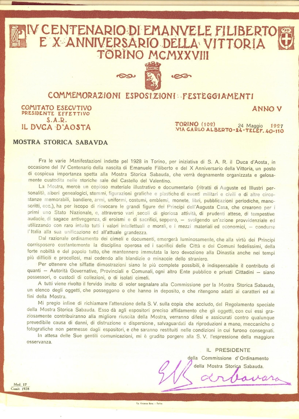 Documento originale, autentico 1928 TORINO Mostra Storica Sabauda  Anniversario Vittoria Regolamento e lettera 1