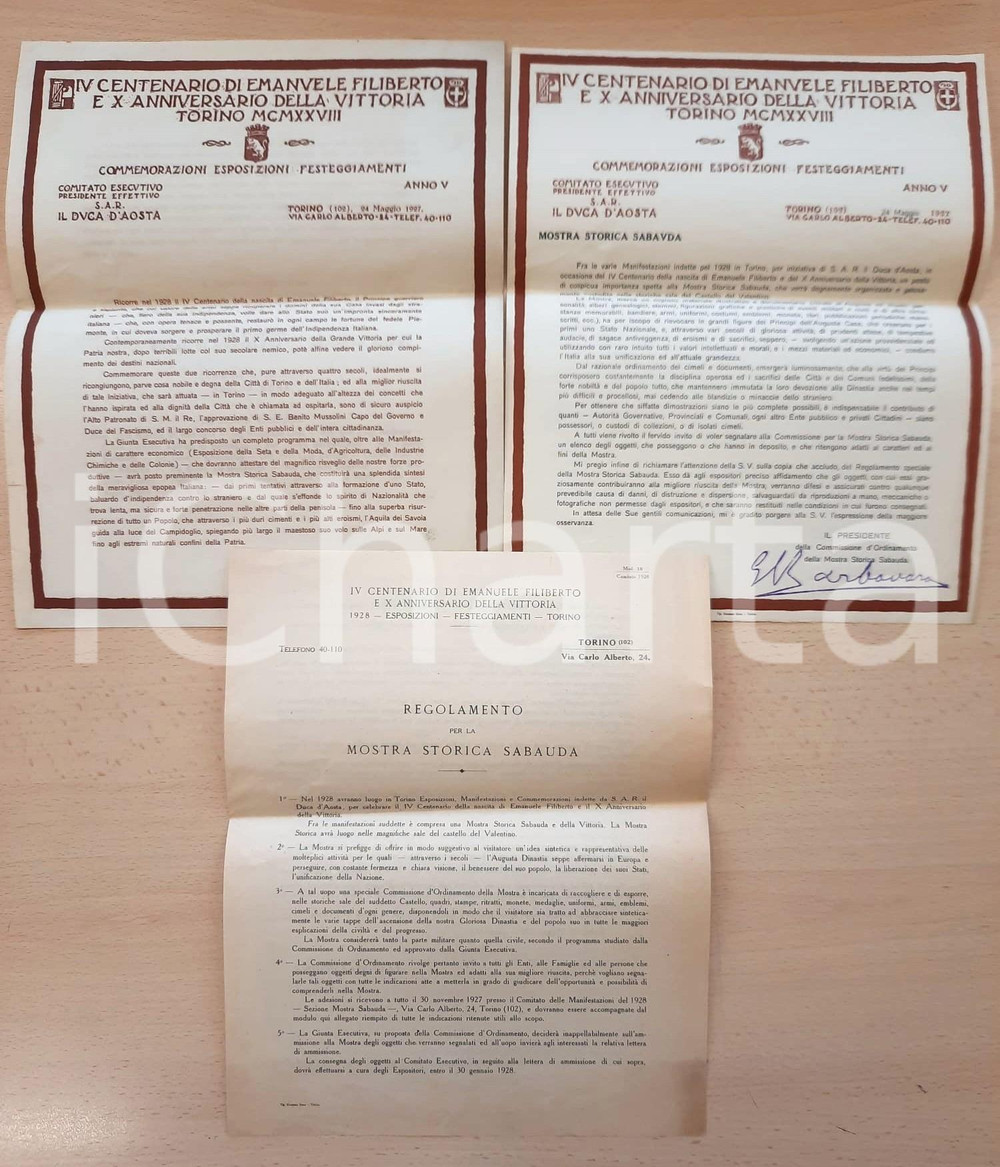 Documento originale, autentico 1928 TORINO Mostra Storica Sabauda  Anniversario Vittoria Regolamento e lettera 1