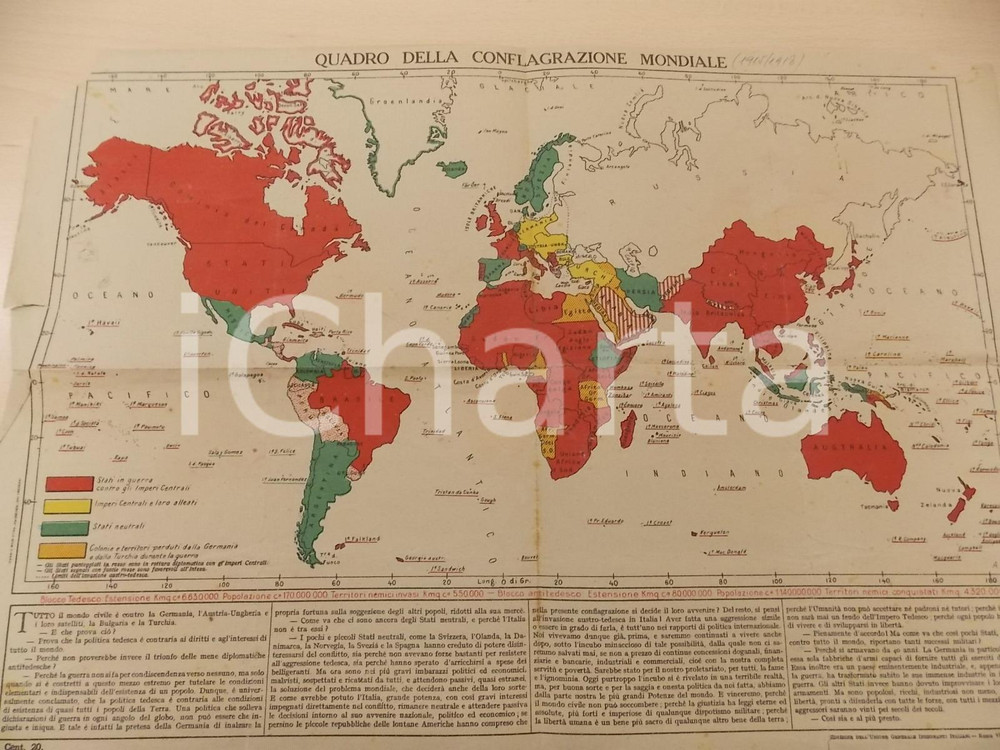 Mappa, planimetria storica 1917 Quadro della conflagrazione mondiale Mappa a colori 60x43 cm DANNEGGIATA 1