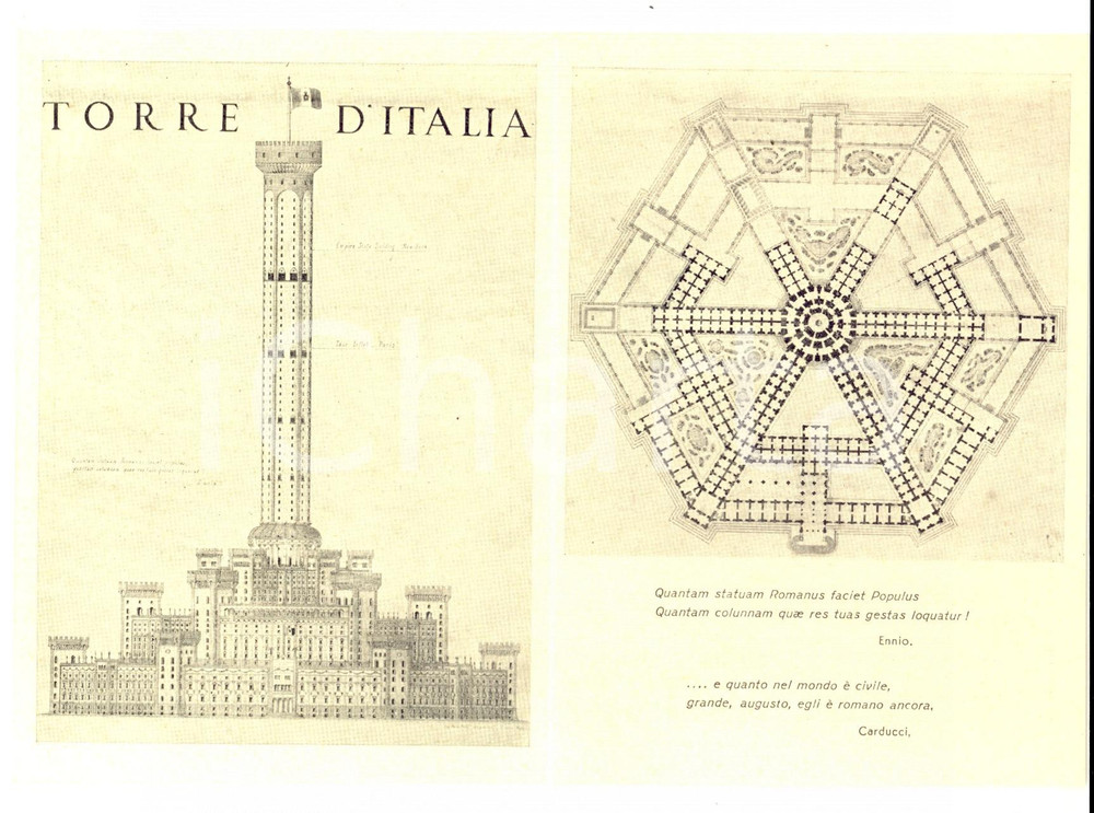 Materiale pubblicitario d’epoca 1950 ca Flavio DESSY Torre d Italia  Monumento ai grandi italiani Cartolina 1