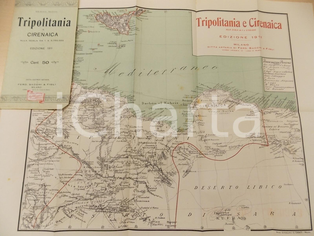 Mappa, planimetria storica 1911 TRIPOLITANIA E CIRENAICA Carta geografica 60x45 cm Ed. SACCHI MILANO 1