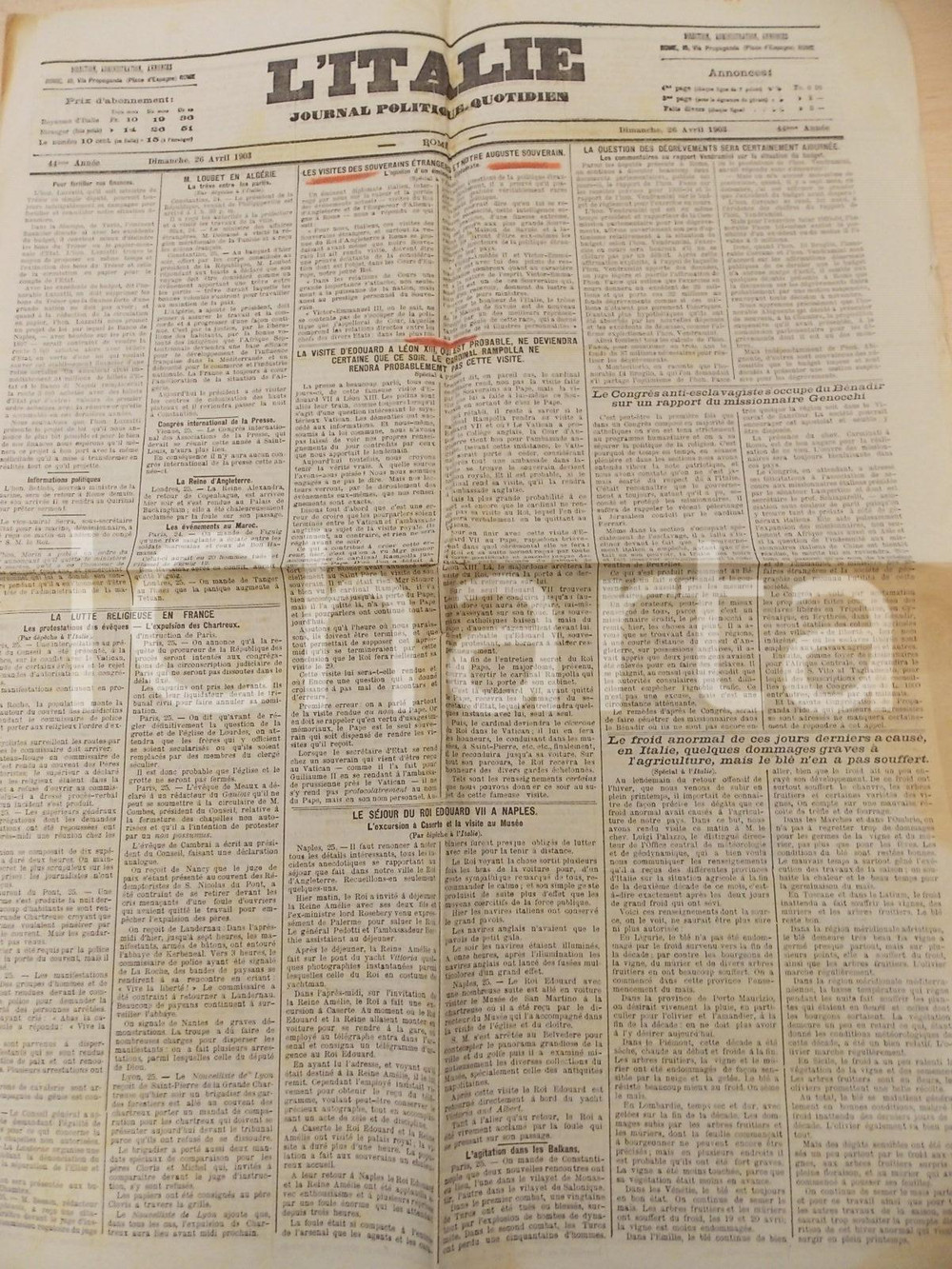Giornale, rivista storica 1903 L ITALIE Visite Roi d Angleterre et Empereur d Allemagne à Rome Année 44 1