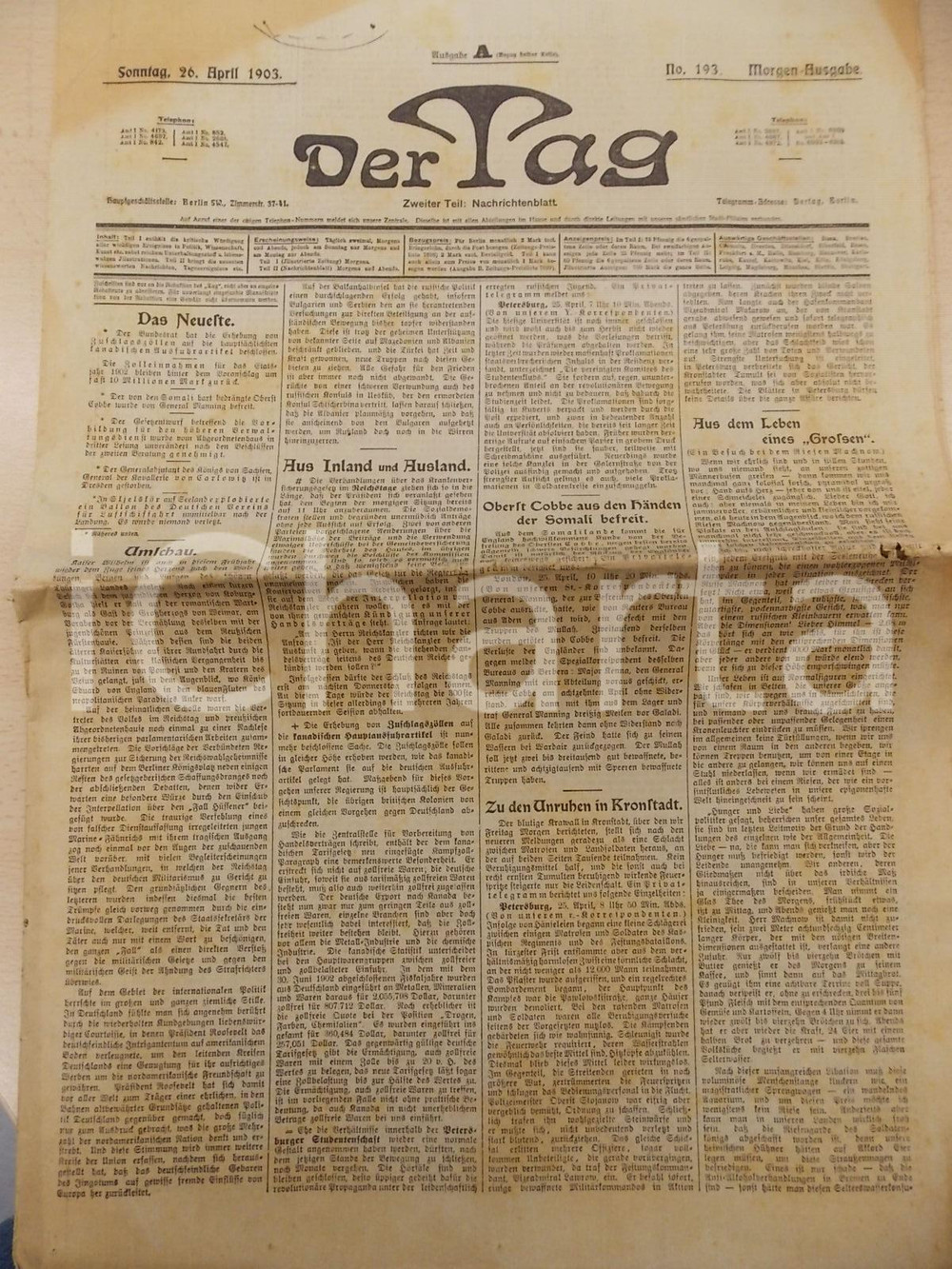 Giornale, rivista storica 1903 DER TAG Viaggio in Italia del kaiser Guglielmo II Quotidiano nÂ° 193 1