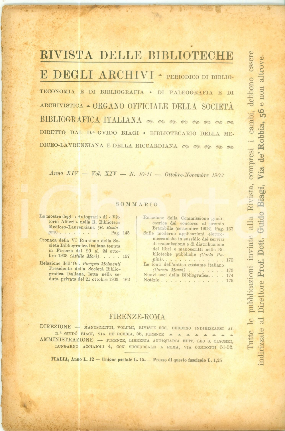 Giornale, rivista storica 1903 RIVISTA BIBLIOTECHE E ARCHIVI Mostra autografi Vittorio ALFIERI a FIRENZE 1