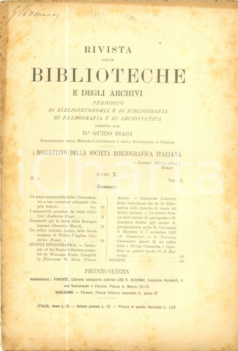 Giornale, rivista storica 1899 RIVISTA BIBLIOTECHE E ARCHIVI Manoscritti posseduti da Carlo GHISILIERI 1