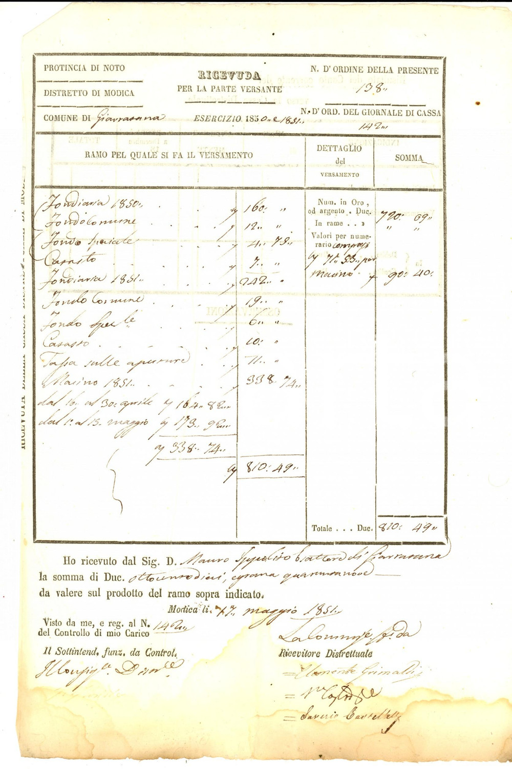 Documento originale, autentico 1850 GIARRATANA RG Versamenti fondiaria di Mauro IPPOLITO Ricevuta 1