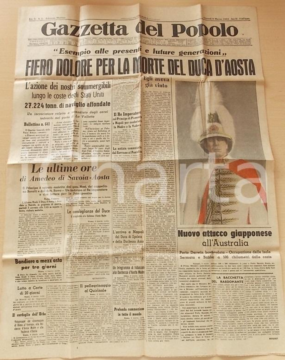 Giornale, rivista storica 1942 GAZZETTA DEL POPOLO Morto Amedeo di SAVOIA Duca d AOSTA Giornale 1