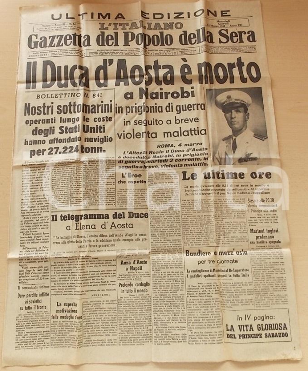 Giornale, rivista storica 1942 GAZZETTA DEL POPOLO SERA Morto Amedeo di SAVOIA Duca d AOSTA Giornale 1