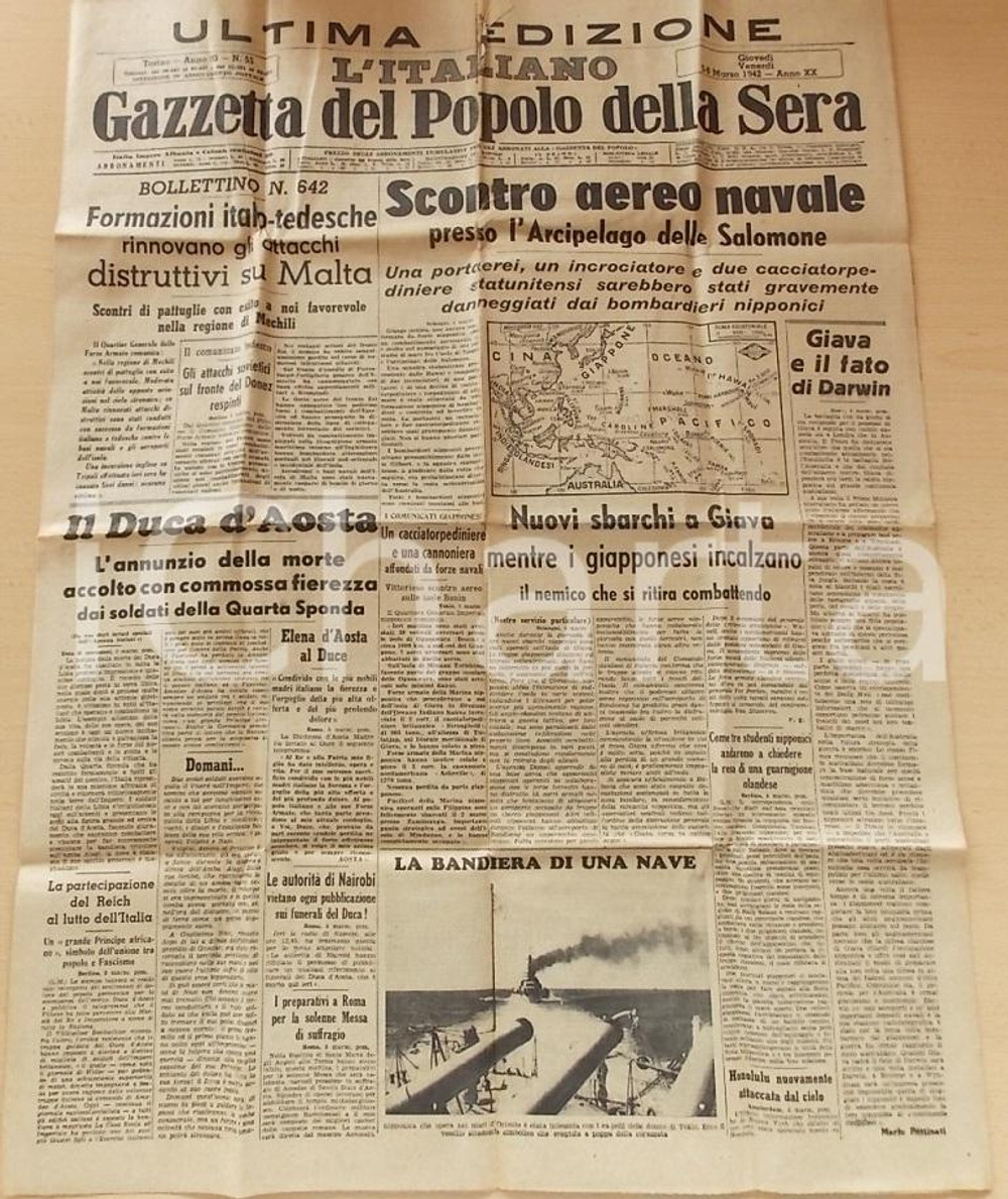Giornale, rivista storica 1942 GAZZETTA DEL POPOLO SERA Attacchi distruttivi su MALTA Giornale 1