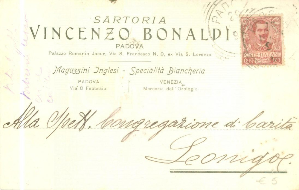 Cartolina originale da collezione 1906 PADOVA Sartoria Vincenzo BONALDI Magazzini Inglesi Cartolina commerciale FP 1