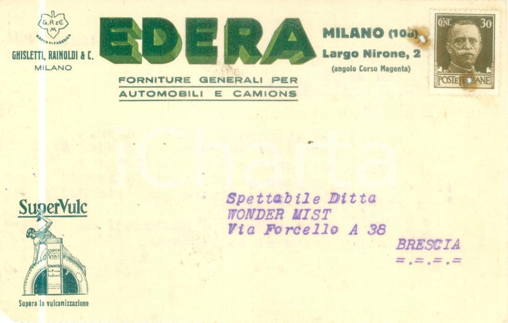 Cartolina originale da collezione 1932 MILANO Forniture generale automobili e camions EDERA Cartolina commerciale 1