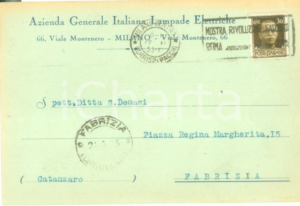 Cartolina originale da collezione 1933 MILANO Azienda Generale Italiana Lampade Elettriche Cartolina FG VG 1
