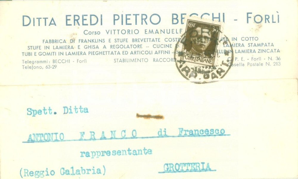 Cartolina originale da collezione 1933 FORLI  Ditta Eredi Pietro BECCHI Fabbrica Franklins e stufe Cartolina FP VG 1