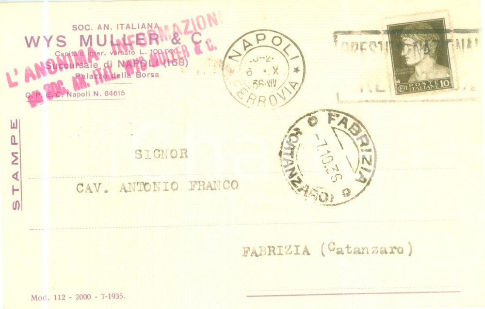 Cartolina originale da collezione 1936 NAPOLI SocietÃ  An. Italiana WYS MULLER & Co. Cartolina commerciale FP VG 1