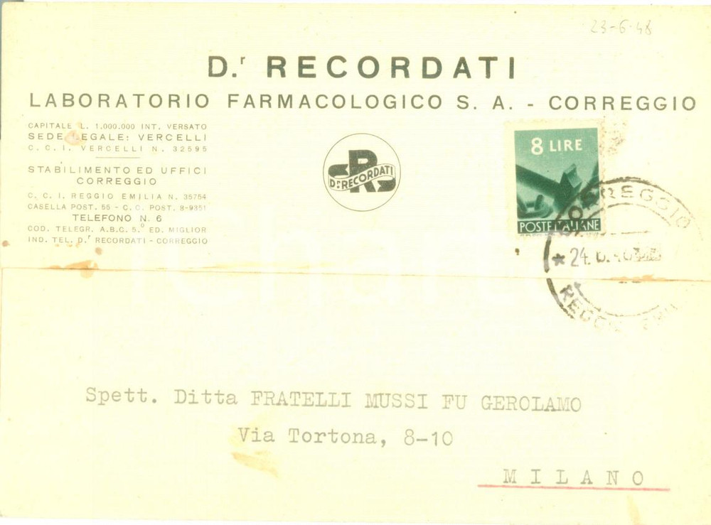 Cartolina originale da collezione 1948 CORREGGIO RE Laboratorio farmacologico RECORDATI Cartolina commerciale FG 1