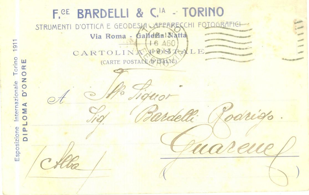 Cartolina originale da collezione 1913 TORINO  Strumenti ottica e geodesia BARDELLI & C.ia Cartolina commerciale 1