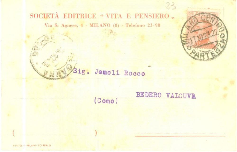 Cartolina originale da collezione 1923 MILANO SocietÃ  Editrice Vita e Pensiero Cartolina commerciale FP VG 1
