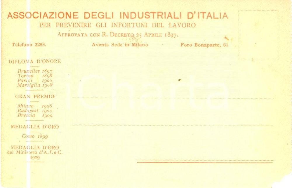 Cartolina originale da collezione 1911 MILANO Associazione Industriali d Italia Cartolina commerciale DANNEGGIATA 1