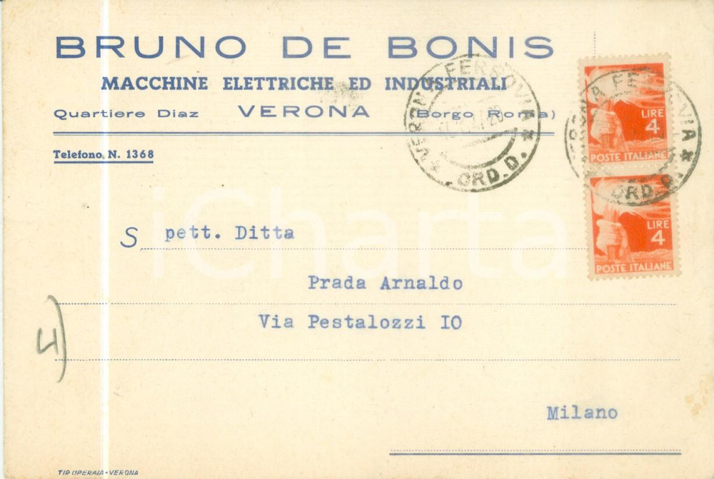 Cartolina originale da collezione 1947 VERONA Bruno DE BONIS Macchine elettriche industriali Cartolina commerciale 1