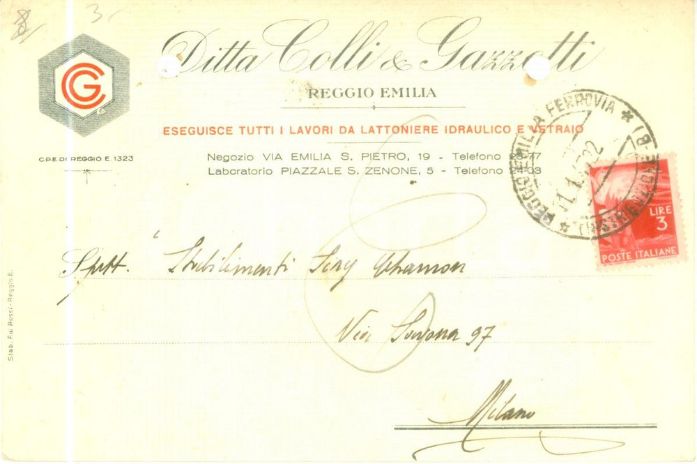 Cartolina originale da collezione 1947 REGGIO EMILIA Lattoniere Idraulico Ditta COLLI & GAZZETTI Cartolina FG VG 1