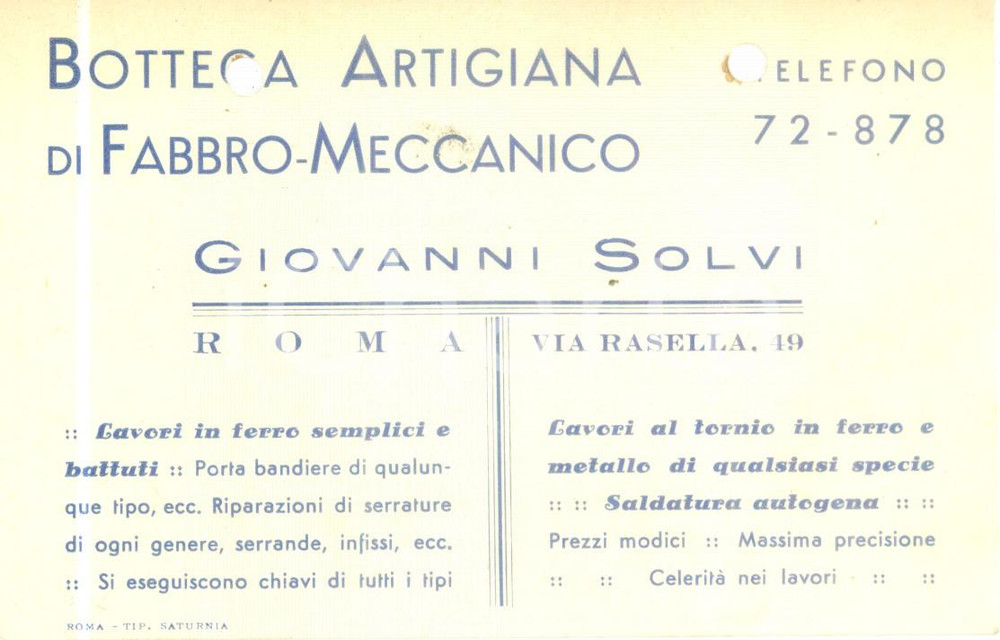Cartolina originale da collezione 1935 ROMA Giovanni SOLVI Bottega artigiana fabbromeccanico Cartolina FP VG 1