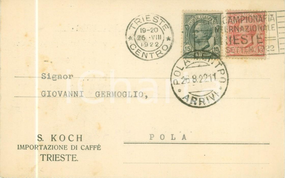 Cartolina originale da collezione 1922 TRIESTE Importazione di caffÃ¨ S. KOCH Cartolina commerciale FP VG 1