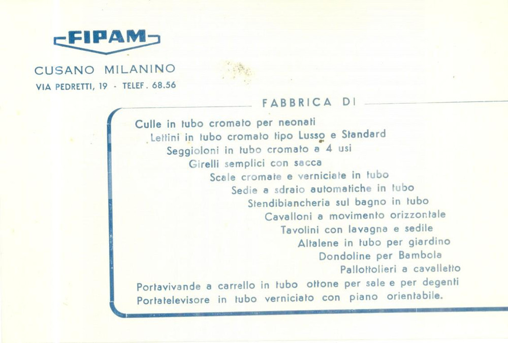 Materiale pubblicitario d’epoca 1955 ca CUSANO MILANINO Fabbrica FIPAM Culle lettini seggiolini Biglietto 1