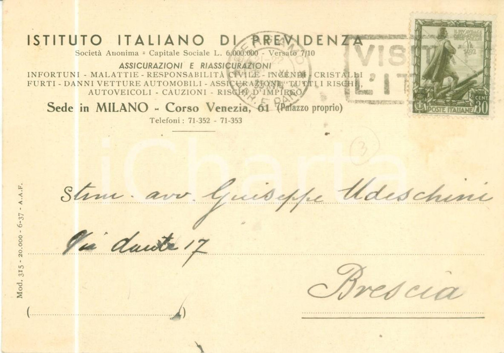 Cartolina originale da collezione 1939 MILANO Istituto Italiano di Previdenza Assicurazioni Cartolina commerciale 1