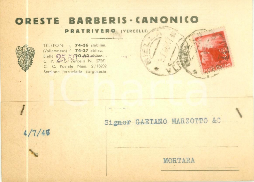 Cartolina originale da collezione 1946 BIELLA Oreste BARBERIS Canonico PRATRIVERO Cartolina FG VG 1