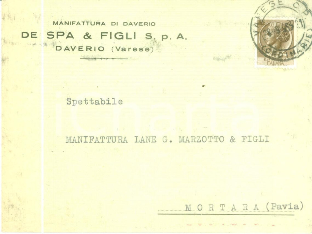 1955 DAVERIO (VA) Manifattura DE SPA & Figli Imballaggi resi *Cartolina FG VG