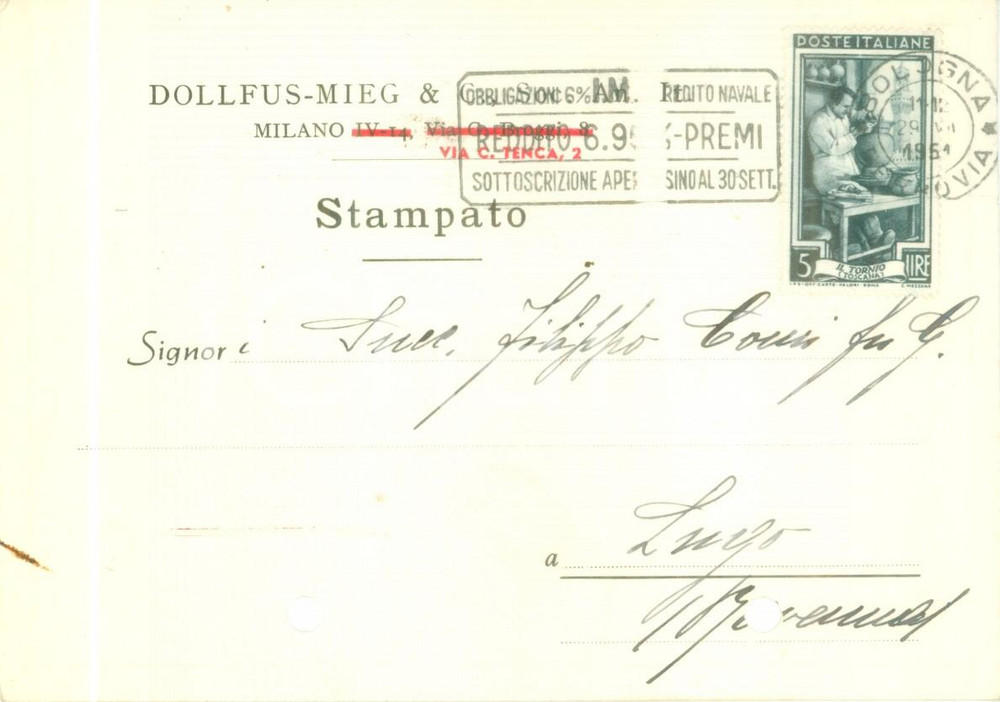 Cartolina originale da collezione 1951 MILANO SocietÃ  DOLLFUSMIEG invia Achille ALBERTARIO viaggiatore Cartolina 1