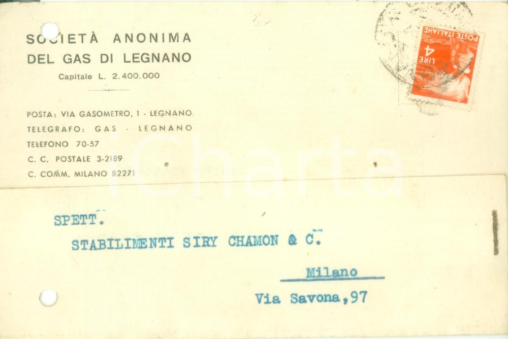 Cartolina originale da collezione 19047 LEGNANO SocietÃ  Anonima del Gas chiede prezzi rubinetti Cartolina FG VG 1