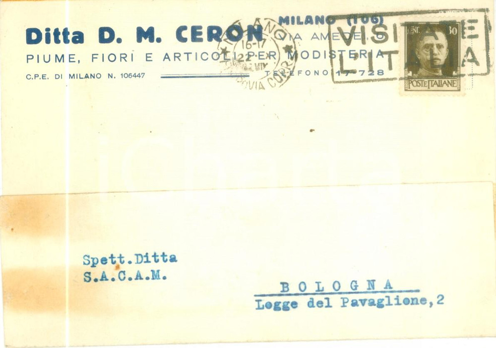 Cartolina originale da collezione 1941 MILANO Ditta CERON Piume fiori e articoli modisteria Cartolina commerciale 1