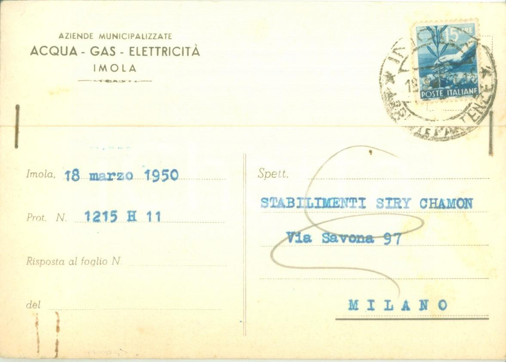 Cartolina originale da collezione 1950 IMOLA BO Aziende municipalizzate acqua gas elettricità Cartolina 1 1