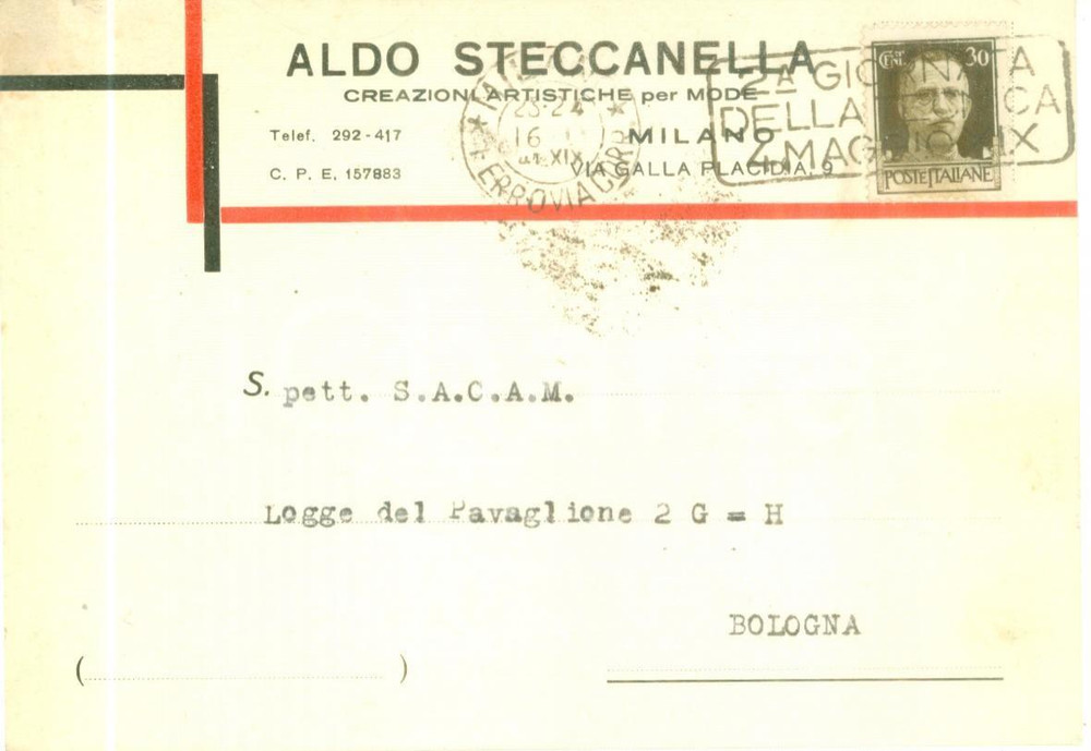 Cartolina originale da collezione 1941 MILANO Aldo STECCANELLA Creazioni artistiche per mode Cartolina commerciale 1