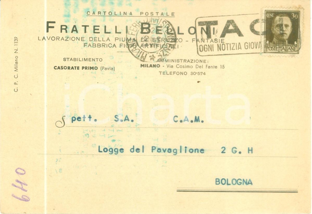 Cartolina originale da collezione 1941 CASORATE PRIMO PV Fratelli BELLONI Lavorazione piuma di struzzo Cartolina 1