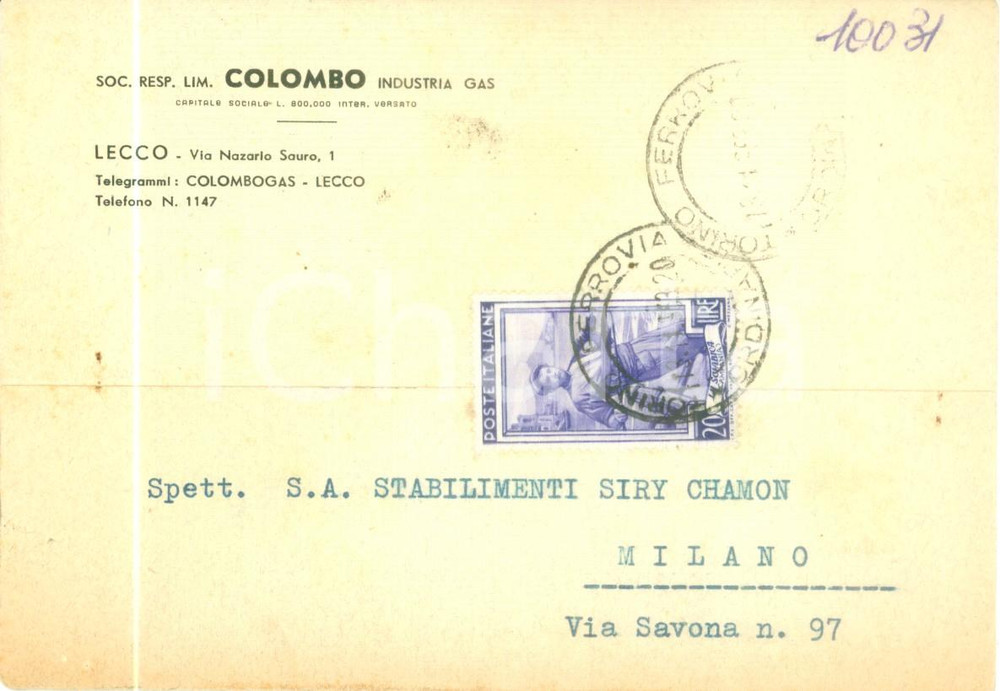 1953 LECCO Soc. Resp. Lim. COLOMBO Industria Gas *Cartolina commerciale FG VG