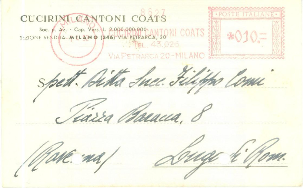 Cartolina originale da collezione 1952 MILANO SocietÃ  CUCIRINI CANTONI COATS Cartolina commerciale FP VG 1