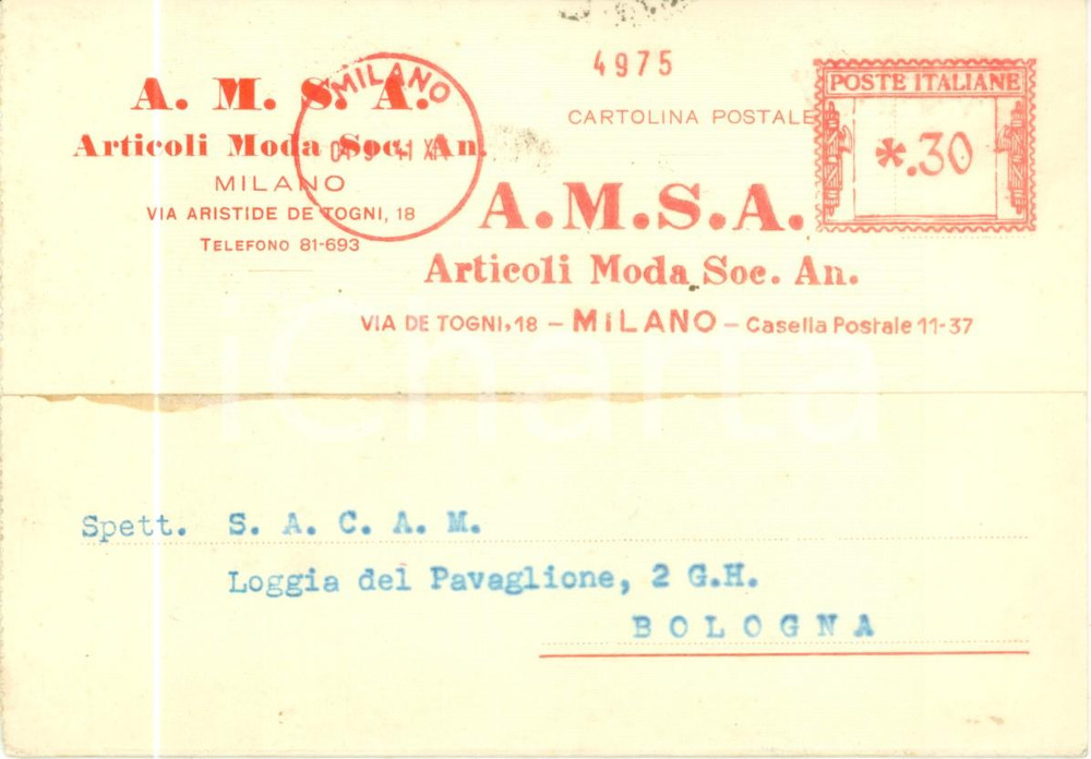 Cartolina originale da collezione 1941 MILANO Articoli Moda Soc. An. A.M.S.A. Cartolina commerciale FG VG 1
