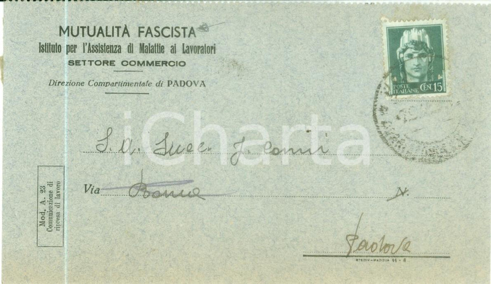 Cartolina originale da collezione 1944 PADOVA Mutualità Fascista Assistenza Malattie Lavoratori Cartolina FP VG 1