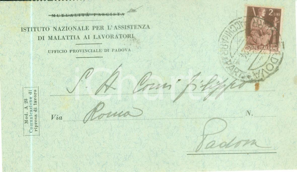 Cartolina originale da collezione 1946 PADOVA Istituto Nazionale Assistenza Malattia Lavoratori Cartolina FP VG 1