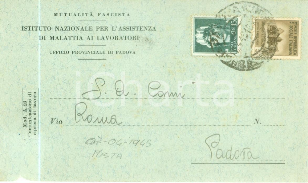 Cartolina originale da collezione 1945 PADOVA MutualitÃ  Fascista Assistenza Malattie Lavoratori Cartolina FP VG 1