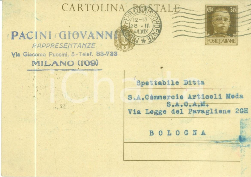 Cartolina originale da collezione 1941 MILANO Rappresentanze Giovanni PACINI Cartolina commerciale FG VG 1