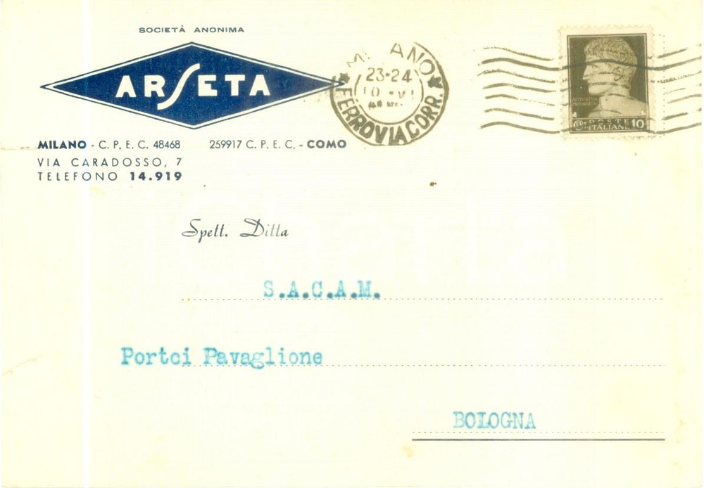 Cartolina originale da collezione 1941 MILANO SocietÃ  Anonima ARSETA trasloca in Via Caradosso 7 Cartolina FG VG 1