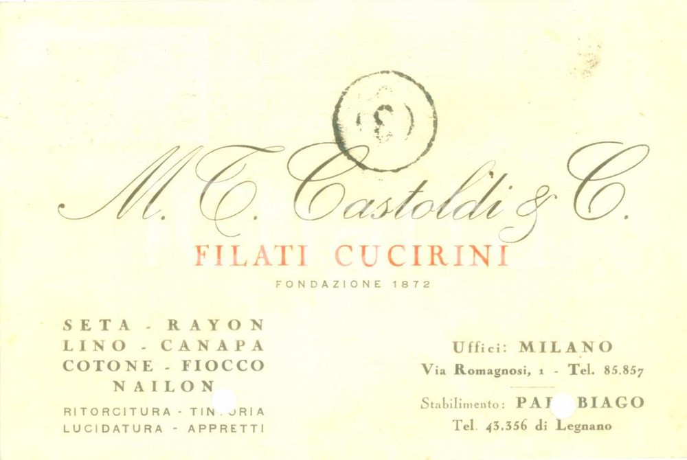 Cartolina originale da collezione 1953 PARABIAGO MI Filati Cucirini CASTOLDI & C. Cartolina commerciale FG VG 1