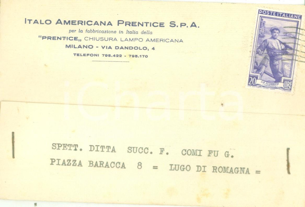 Cartolina originale da collezione 1952 MILANO Italo Americana Prentice S.p..A Chiusura lampo Cartolina FG VG 1