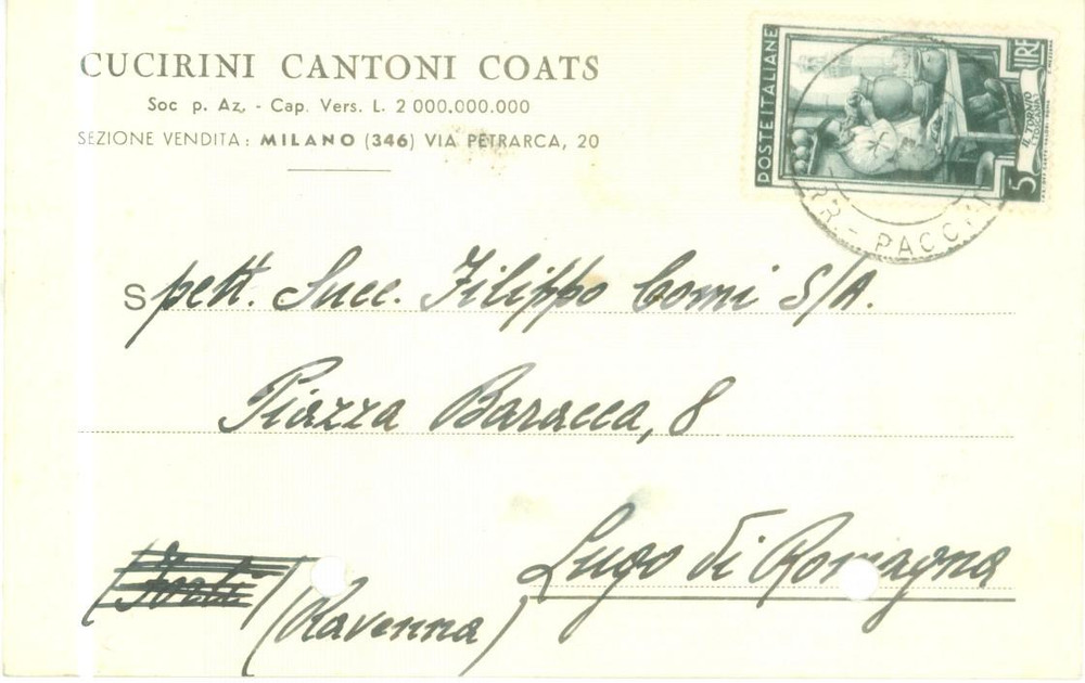 Cartolina originale da collezione 1952 MILANO Cucirini Cantoni Coats invia incaricato Cartolina commerciale FP VG 1