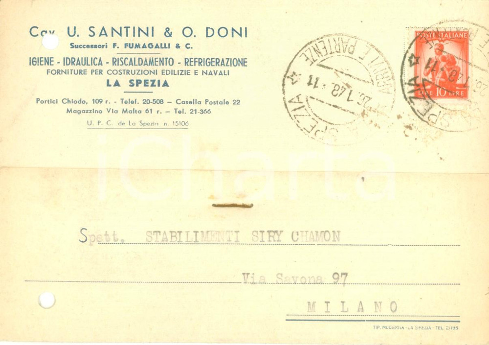 Cartolina originale da collezione 1948 LA SPEZIA Igiene Idraulica SANTINI & DONI Cartolina commerciale FG VG 1