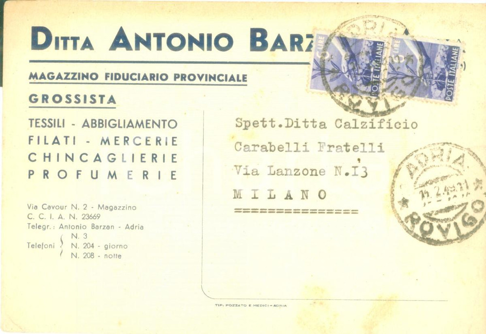 Cartolina originale da collezione 1949 ADRIA Ditta Antonio BARZAN Grossista tessili filati Cartolina commerciale 1